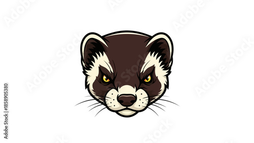 A close-up digital illustration of a ferret's face with striking yellow eyes and distinctive markings
