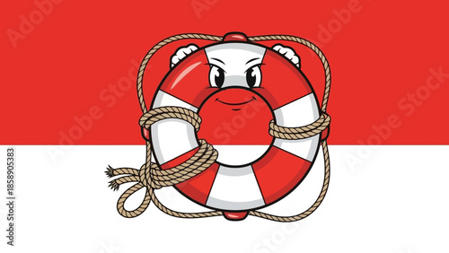 A bound life preserver ring in front of a red and white background appears tied and restricted.
