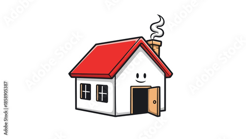 A cartoon house with a red roof and smoke coming out of the chimney