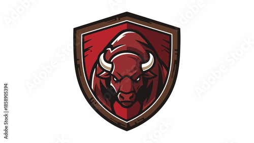 A bold red bull's head emblem on a shield, symbolizing strength and power
