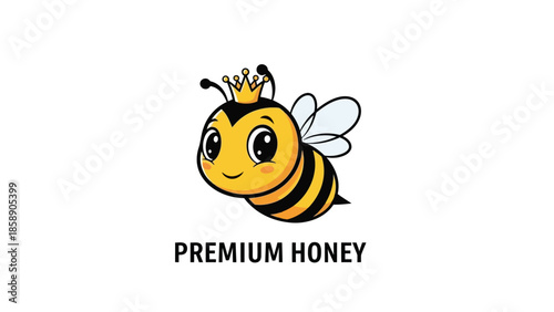 A cartoon bee with a crown above premium honey text on a white background