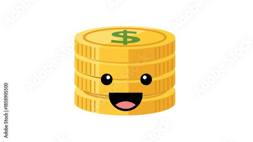 A smiling stack of gold coins with a dollar sign on top, isolated on a white background.