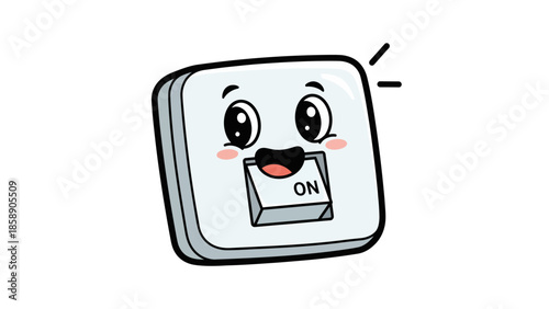 A cartoon light switch with a smiling face and ON label is illustrated on a white background