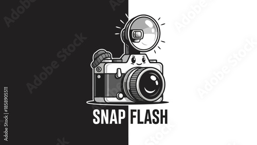 A close-up illustration of a camera with flash on a black and white background