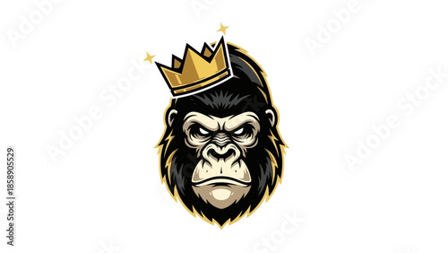A regal gorilla face adorned with a golden crown, illustrated in a majestic, high-contrast style