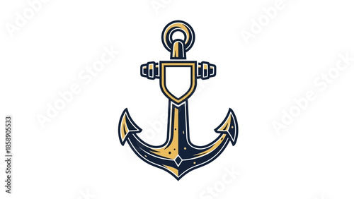 An illustrated anchor with gold and dark blue details on a white background
