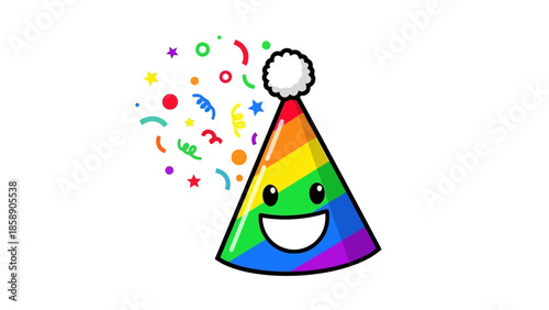 A colorful party hat with a smiling face and confetti exploding around it in a vibrant illustration