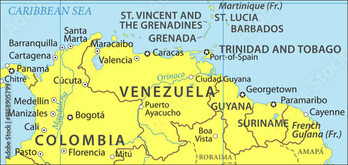 Vector political world map.  Fragment of geographical atlas with venezuela,
trinidad and tobago, grenada, st lucia,
caribbean sea, caracas, port of spain, guyana,
suriname, colombia, barbados.