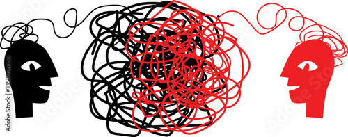 Scribble emotional exchange concept with tangled lines. Chaotic scribble flow shows transmission of stress, emotions and mental tension between two people, visualizing intense communication and psycho