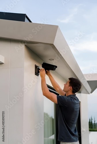 Man installing a security camera on the exterior of a modern house
