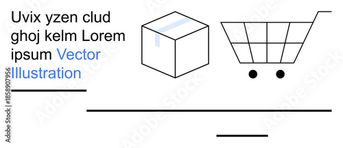 E-commerce, logistics, online shopping, delivery services, packaging, retail marketing. A shopping cart and box illustration with placeholder text. E-commerce and logistics in focus