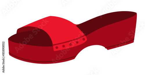 Red clog sandal shoe women flat. Platform slide sandal for bold outfit beach holiday wardrobe. Technical fashion illustration CAD mockup smooth vector man unisex isolated trendy style.