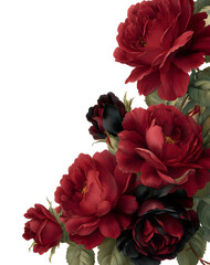 Watercolor dark red, burgundy, marsala, and black roses floral border, vintage victorian gothic style. Botanical corner frame. PNG clipart.