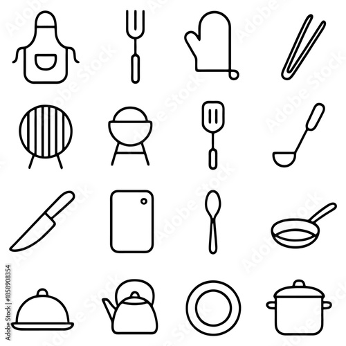 Culinary Essentials: An array of essential cooking utensils, meticulously outlined in a minimalist style, presenting the tools of the culinary trade. 