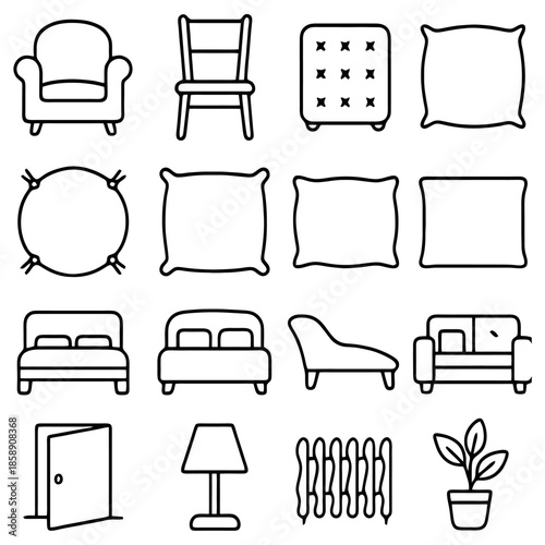Decor Icons: A collection of simple line drawings presents an array of essential decor elements, from comfy seating to stylish embellishments.