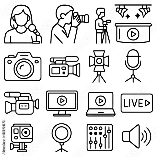 Media Elements Illustrated: A collection of line art icons depicting various tools and individuals associated with the media industry.