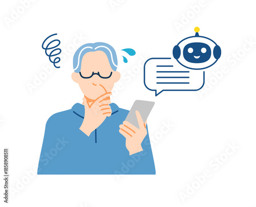 スマホでAIを使用して困っている表情のシニア男性のイラスト。フラットデザイン。
