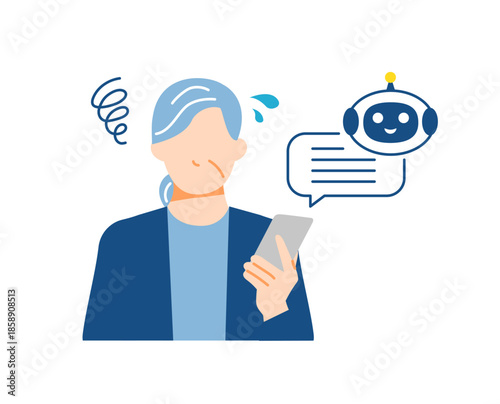 スマホでAIを使用して困っている表情のシニア女性のイラスト。フラットデザイン。