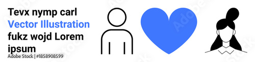 Relationships, emotions, individuality, communication, identity, user interaction. A person icon, blue heart and female silhouette. Relationships and emotions concept