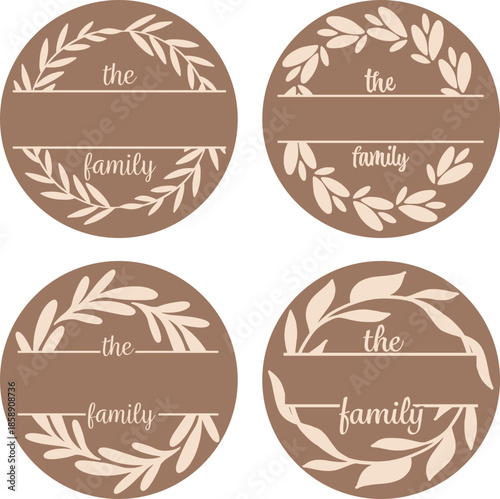 Family Split Monogram SVG, Laser Cut Files, Personalized Name, Elegant Wreath, Decorative Laurel Leaves Branches, Round Sign Bundle