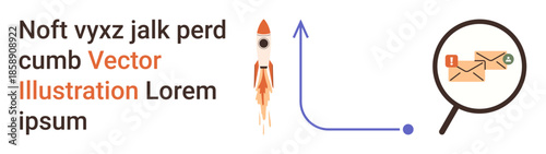 Business growth, startup ideas, email marketing, data analysis, technology, innovation. Rocket launching upward, magnifying glass focusing on email icons. Business growth and startup ideas concept