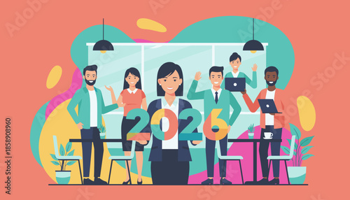 Collaborative business team holding 2026 numbers celebrating future goals and strategic success