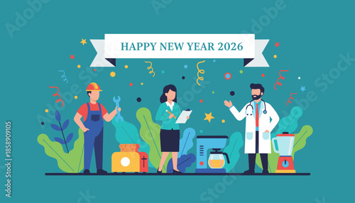 Happy New Year 2026 celebration with doctor manager and worker representing various sectors