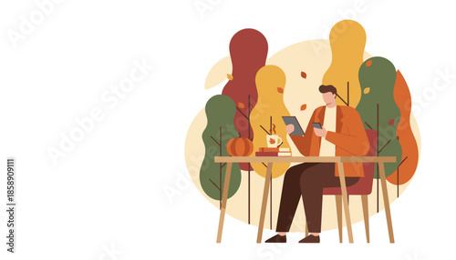 Remote work in autumn setting Man uses tablet and phone at desk with pumpkin and fall foliage