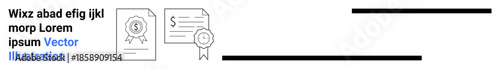 Education, financial validation, legal documentation, award recognition, achievement, certification process. Certificate with a ribbon and money icon. Certification process and financial validation