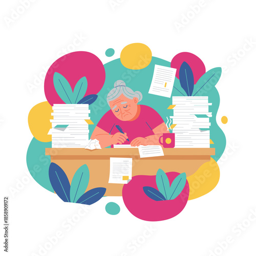 Stressed senior woman buried in paperwork struggling with bureaucracy and overwhelming workload