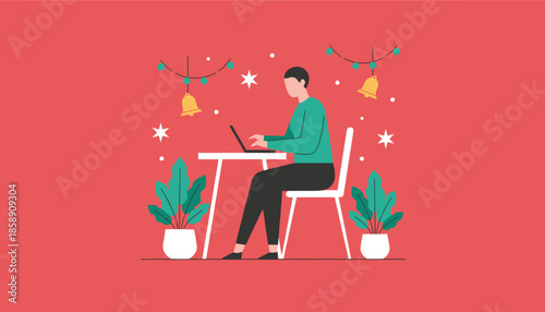 Professional working remotely on a laptop in a festive holiday decorated space Christmas deadlines concept