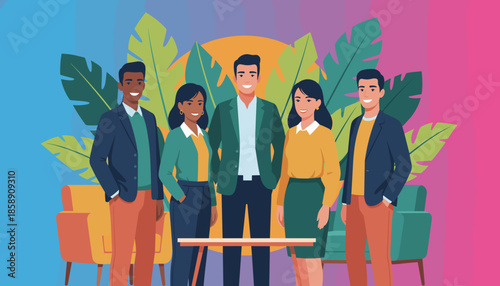 Smiling diverse business professionals standing in a vibrant stylized office lounge Team success and modern collaboration