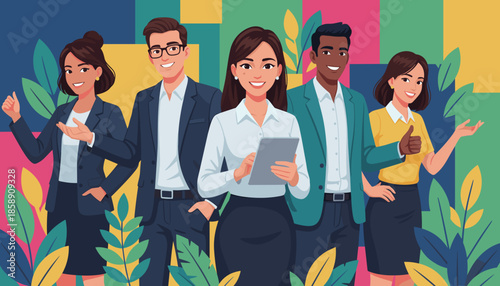 Diverse team of smiling professionals standing together amidst green foliage representing business collaboration and success