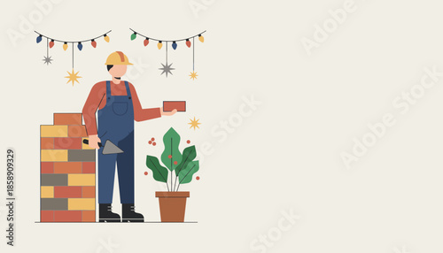 A cheerful mason building a brick wall surrounded by festive lights and decorations Home renovation concept