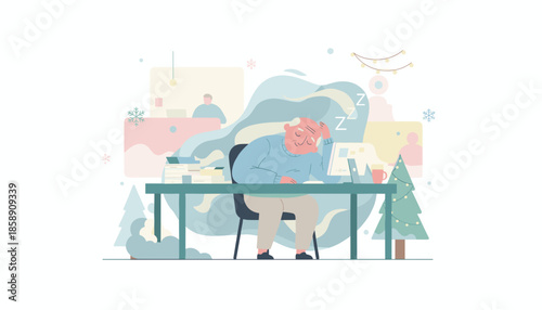 Senior worker sleeping at desk during winter holidays Concept of stress burnout and fatigue