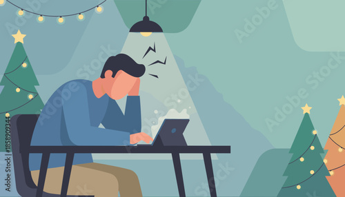 Overworked man stressed by holiday deadlines working on a tablet amidst festive decorations