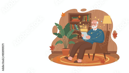Senior man uses futuristic tablet for online learning or finance management in a cozy fallthemed home