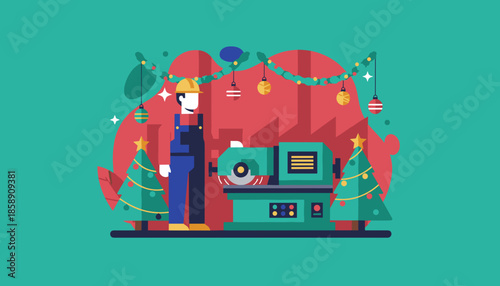 Holiday shift Worker and machinery decorated for Christmas in a factory setting