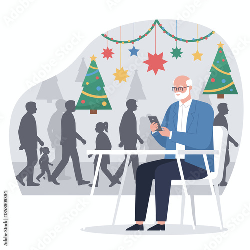 Senior man checks smartphone amidst busy holiday crowds and festive Christmas decorations