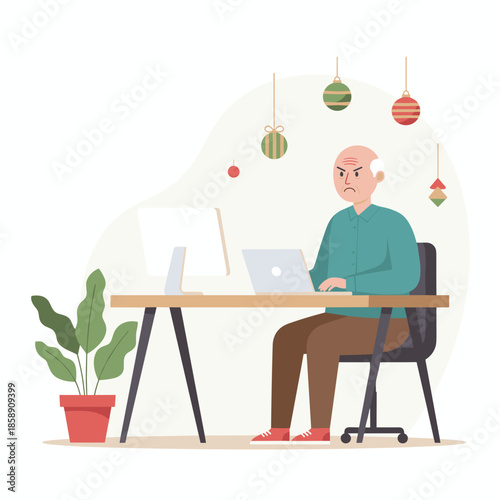 Stressed elderly man working remotely on a laptop with holiday ornaments overhead