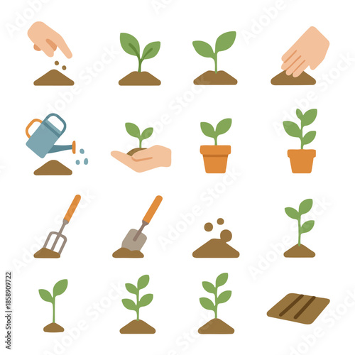Gardening Icon Collection: Illustrated sequence shows the journey from sowing seeds to nurturing thriving plants
