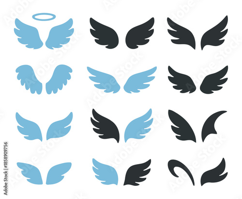 Ethereal Wing Collection: An assortment of stylized wings, a visual symphony of shades, hinting at freedom and spiritual elevation, suitable for varied design needs.