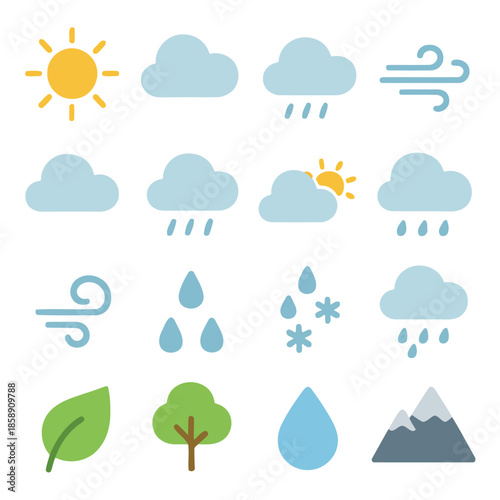 Weather Icons: a collection of illustrated weather icons, including the sun, clouds, rain, wind, and other weather elements. These elements represent a diverse range of climatic conditions.