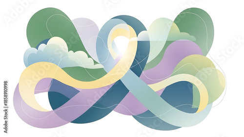 Vibrant abstract design with swirling colorful shapes and clouds