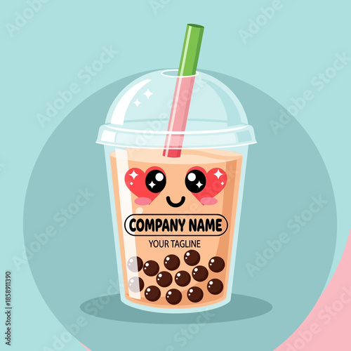 Cute Boba Tea Drink with Kawaii Face and Straw.