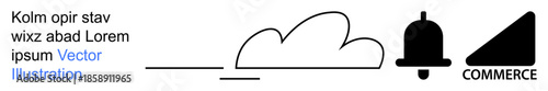 Cloud computing, digital notifications, e-commerce, data storage, digital communication, smart technology. Minimalistic icons of a cloud, notification bell and commerce symbol. Cloud computing