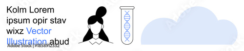 Genetics, research, digital storage, DNA analysis, cloud computing, education. Female profile silhouette next to DNA test tube and cloud shape. Genetics and research concept