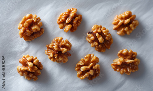 Glossy fresh walnut halves arranged on light textured surface. generative aI