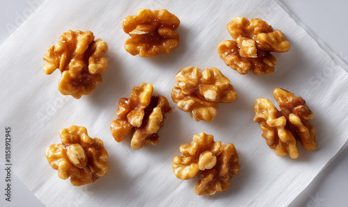 Glossy fresh walnut halves arranged on light textured surface. generative aI