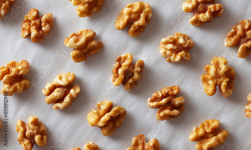 Glossy fresh walnut halves arranged on light textured surface. generative aI